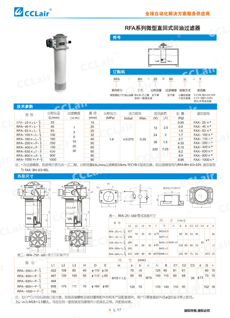 RFA系列微型直回式回油过滤器