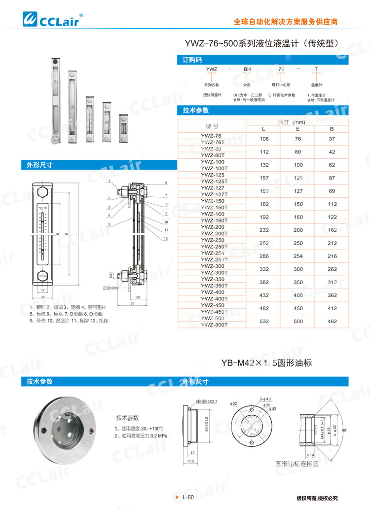 YWZ-76~500系列液位液溫計(傳統(tǒng)型)